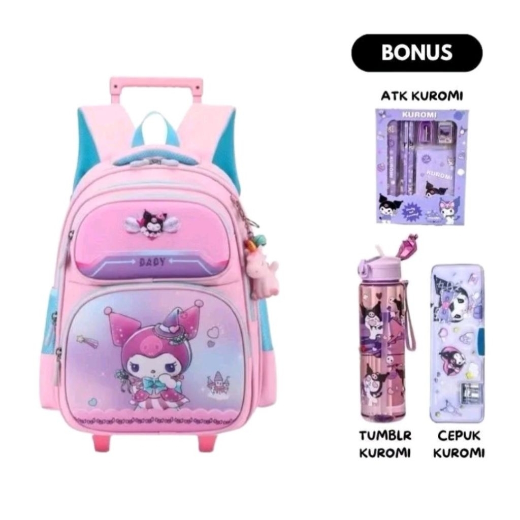Tas Ransel Troli 4in1 Kuromi Ransel Anak Sekolah Perempuan TK SD SMP Free Tempat Pensil+Botol Minum+