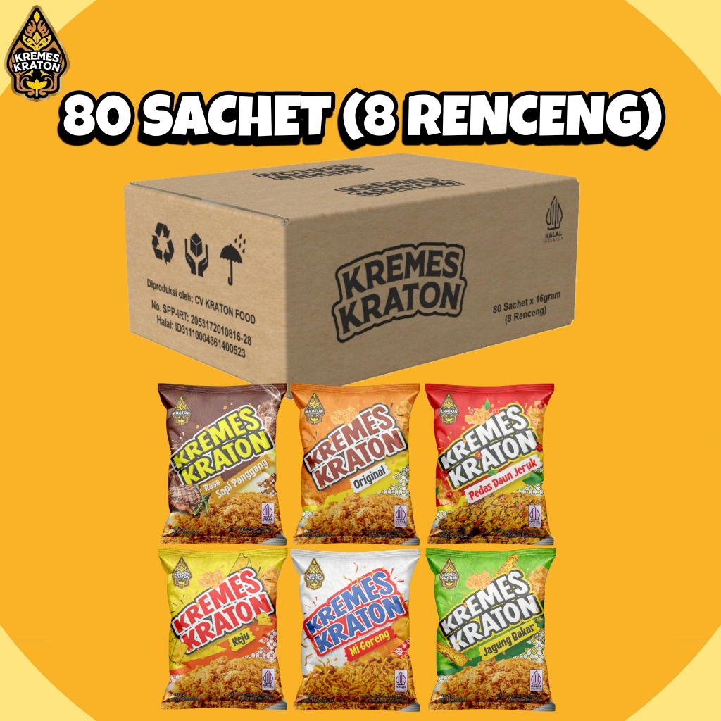 Kremes Kraton Sachet Dus - 80 x 16g (8 Renceng) Original, Pedas Daun Jeruk, Keju, Jagung Bakar, Sapi
