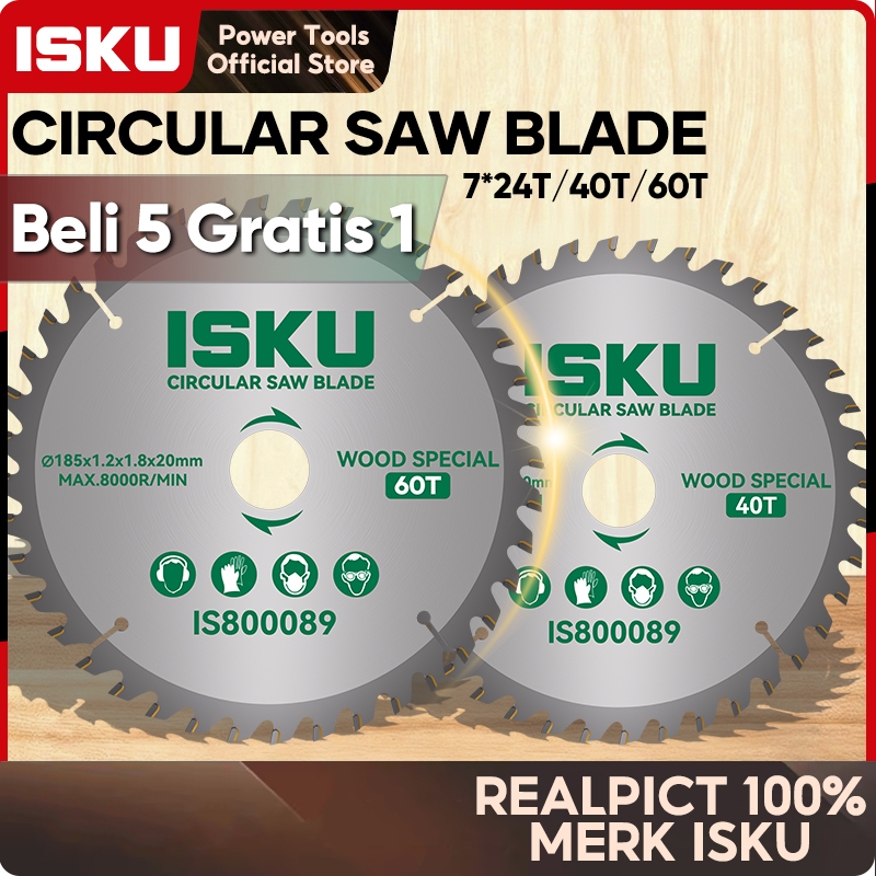 ISKU Pisau Mesin Serkel 7 Inch Mata Circle Potong Kayu 185mm Gigi 24T 40T 60T Belah Balok Triplek Ak