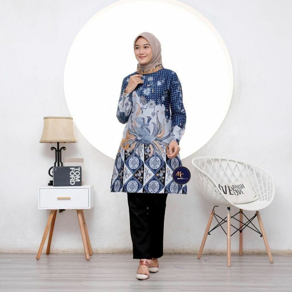 Baju tunik batik wanita dewasa elegan resleting belakang lengan panjang tunik batik kekinian