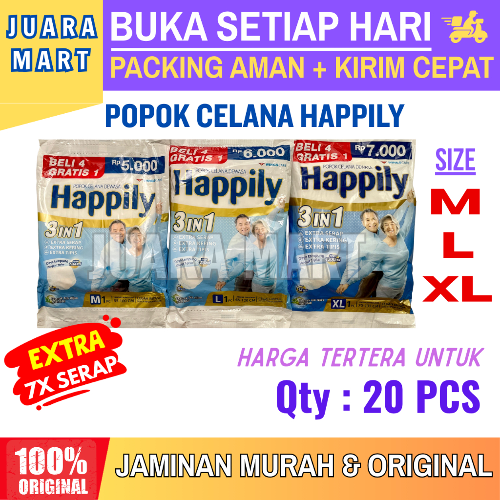 HAPPILY MURAH HEMAT POPOK CELANA DEWASA LANSIA DIAPERS PAMPERS ADULT PANTS SIZE M L XL 20 PCS