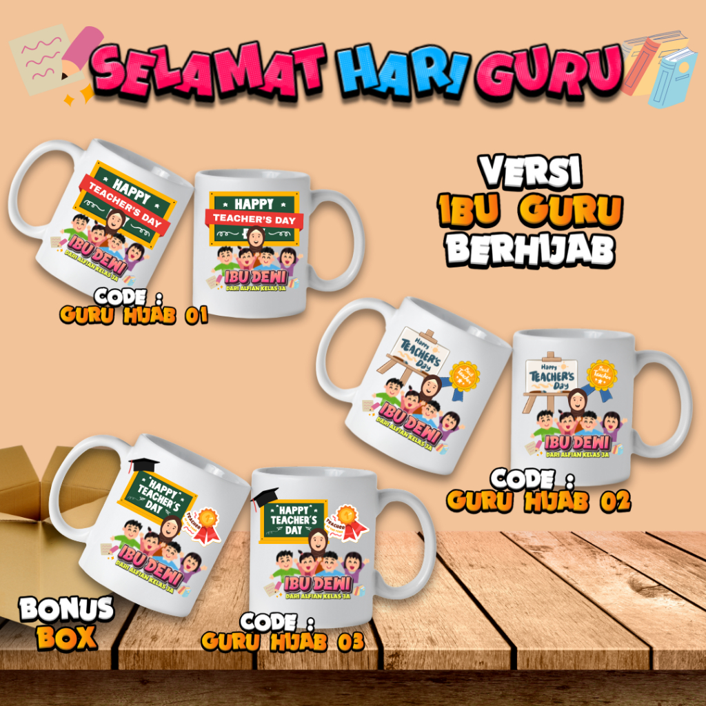 Mug Custom Hari Guru Custom Nama 340ml Desain Ibu Guru Berhijab / Ibu Guru / Bapak Guru