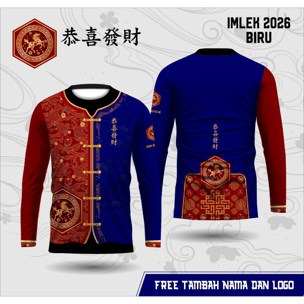 Baju imlek cheongsam pria kaos jesey imlek shio kuda api 2026 free custom lengan panjang
