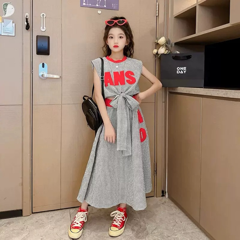 COD Baju Setelan Rok Midi Kotak-kotak/Setelan Rok Midi/Baju Setelan Anak Perempuan/Setelan Kotak-kot