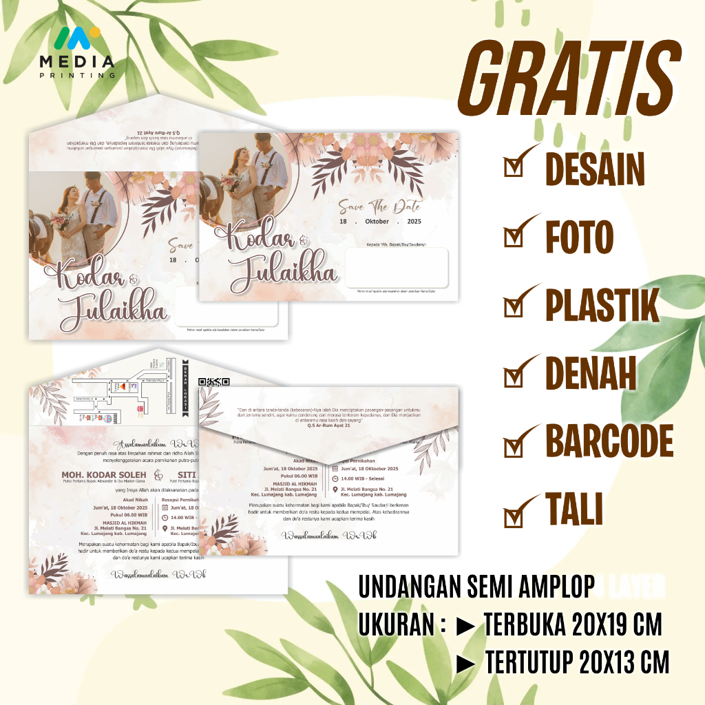 UNDANGAN PERNIKAHAN LIPAT 2 SEMI AMPLOP (GRATIS DESAIN, FOTO, DENAH, BARCODE TURUT MENGUNDANG)