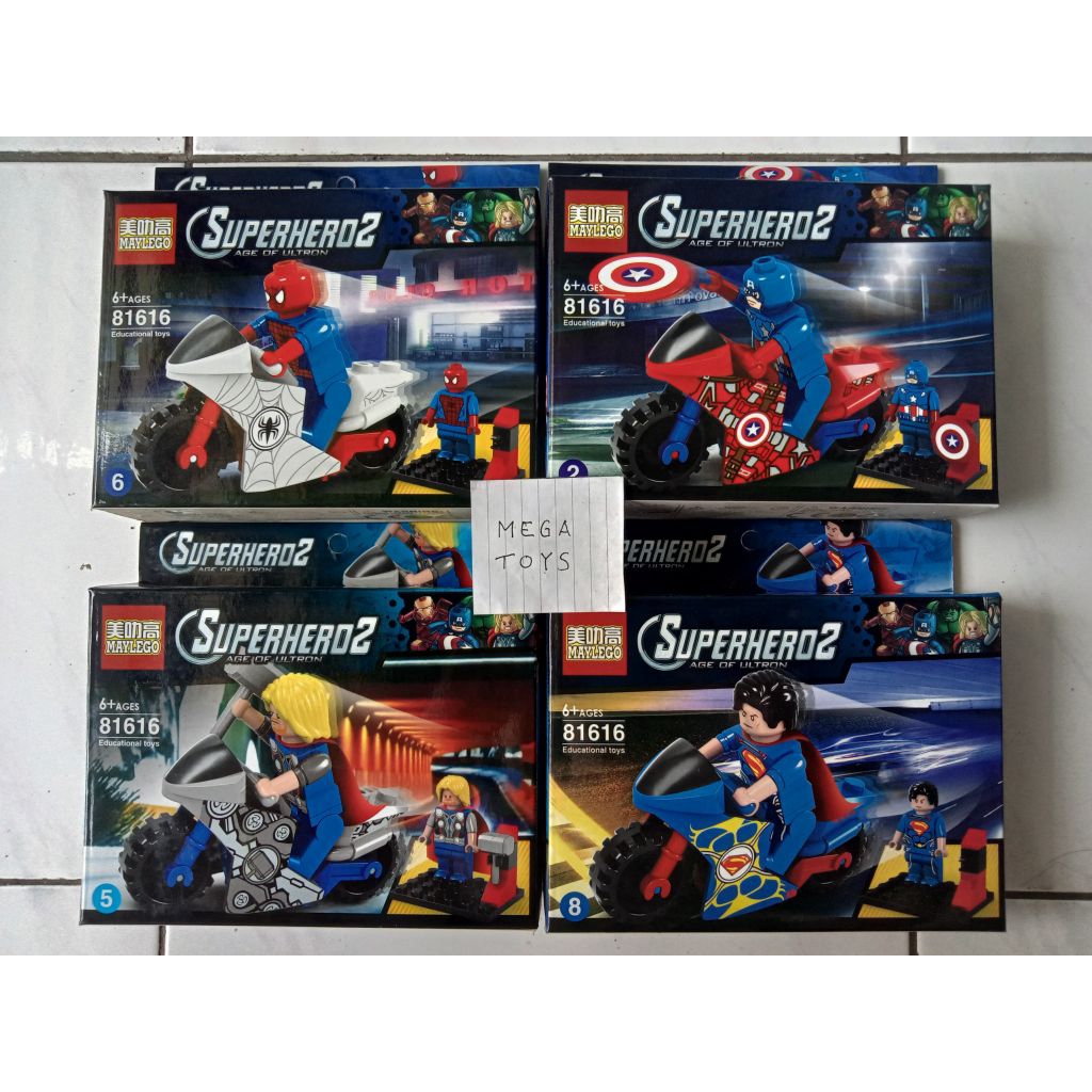 Lego( my lego) motor spiderman, captain america, Superman, thor 1 set 4 kotak lengkap dengan super h