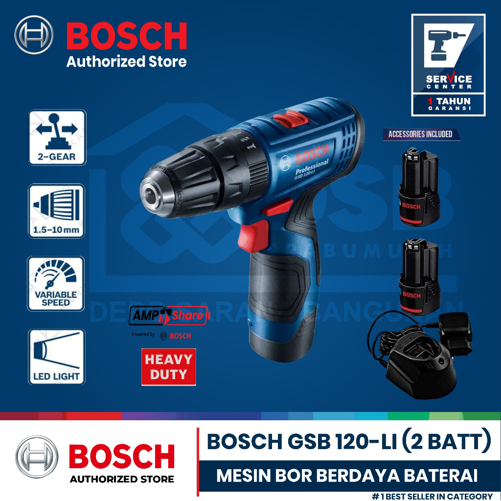 BOSCH Mesin Bor Berdaya Baterai GSB 120-LI (2 Baterai)
