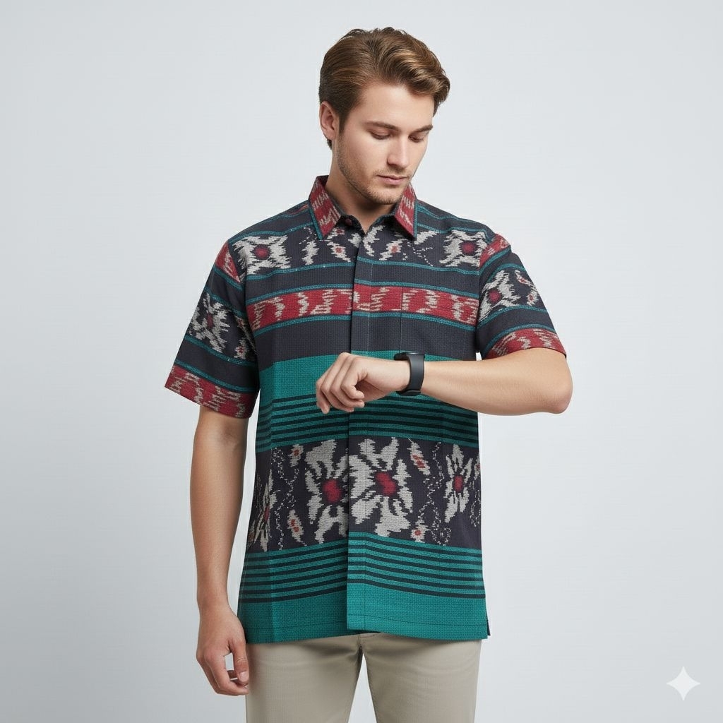 BAJU HEM KEMEJA TENUN PRIA HIJAU TOSCA PREMIUM