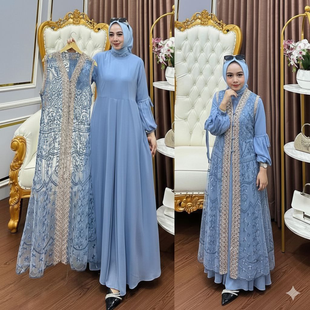 Original Naura Dress Coupel Ibu Dan Anak Terbaru Lebaran Eid 2026 Gamis Ceruty Mix Brukat Sarimbit