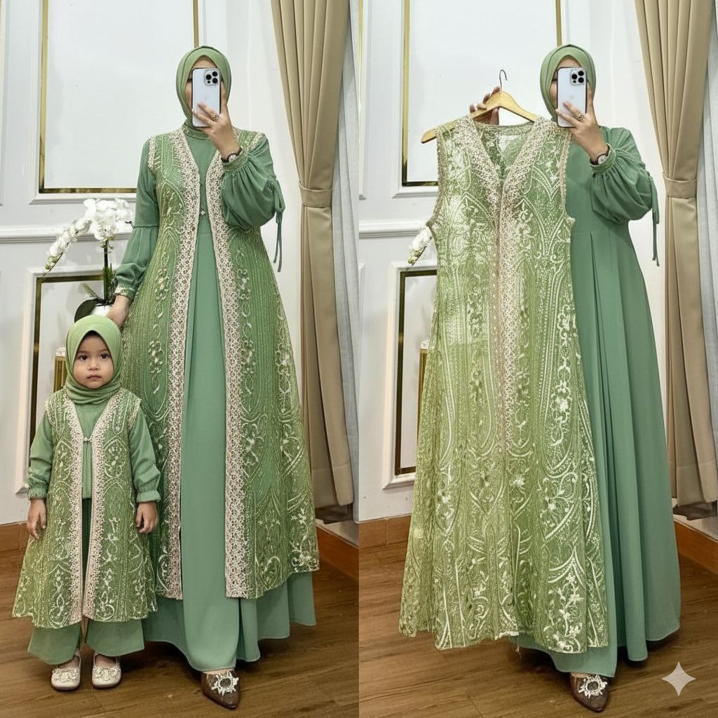 Naura Dress Couple Ibu Anak Lebaran 2026 Gamis Sarimbit Terbaru Mewah Elegan Baju Lebaran Couple