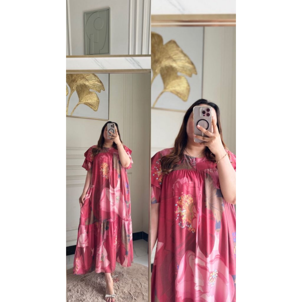 Vanya dress/ midi dress lengan pendek ruffle motif/ dress midi rempel katun rayon motif/ Homedress l