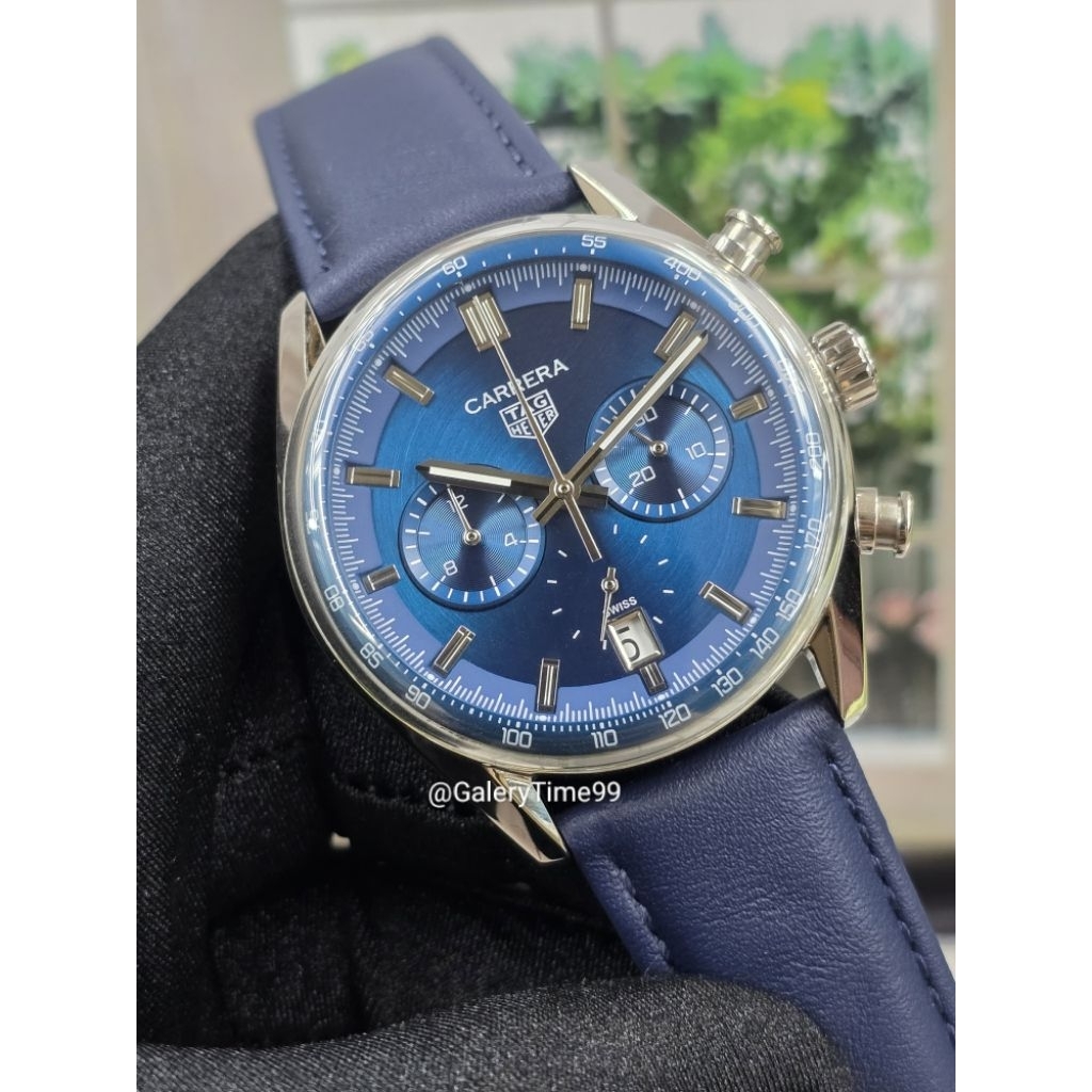Jam Tangan Pria TAG Hever Carrera Chronograph 41mm – Quartz Baterai | Tali Kulit Premium Biru | Desa