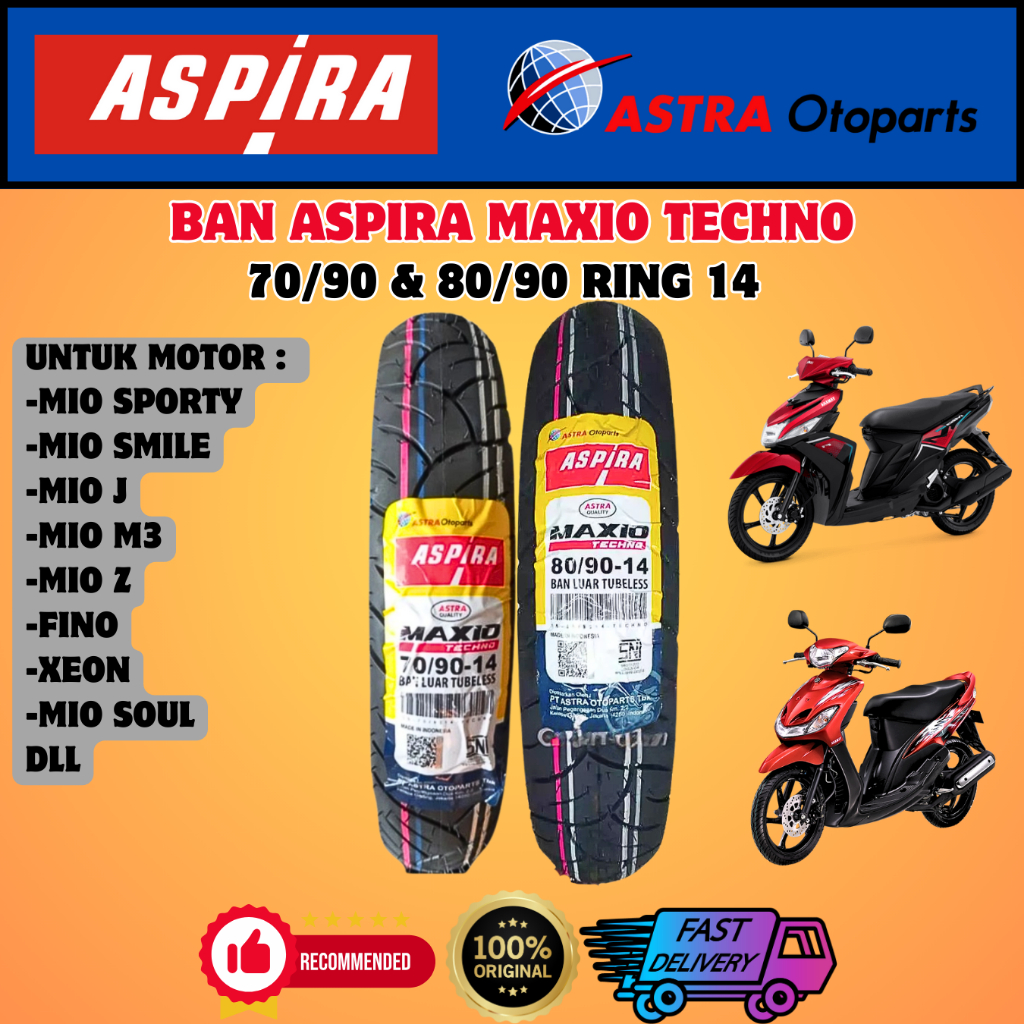 PAKET SEPASANG TERMURAH BAN ASPIRA MAXIO TECHNO TUBELESS ( 70/90-14 / 80/90-14 ) BAN MOTOR MATIC MIO