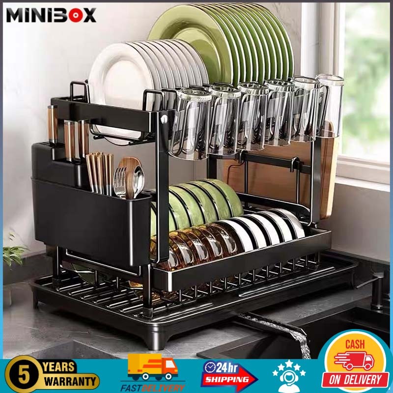 MiniMalisBox Rak Piring Stainless Steel Ganda Lapisan Dapur Rak Piring Dengan Piring Aspal Rak Cangk