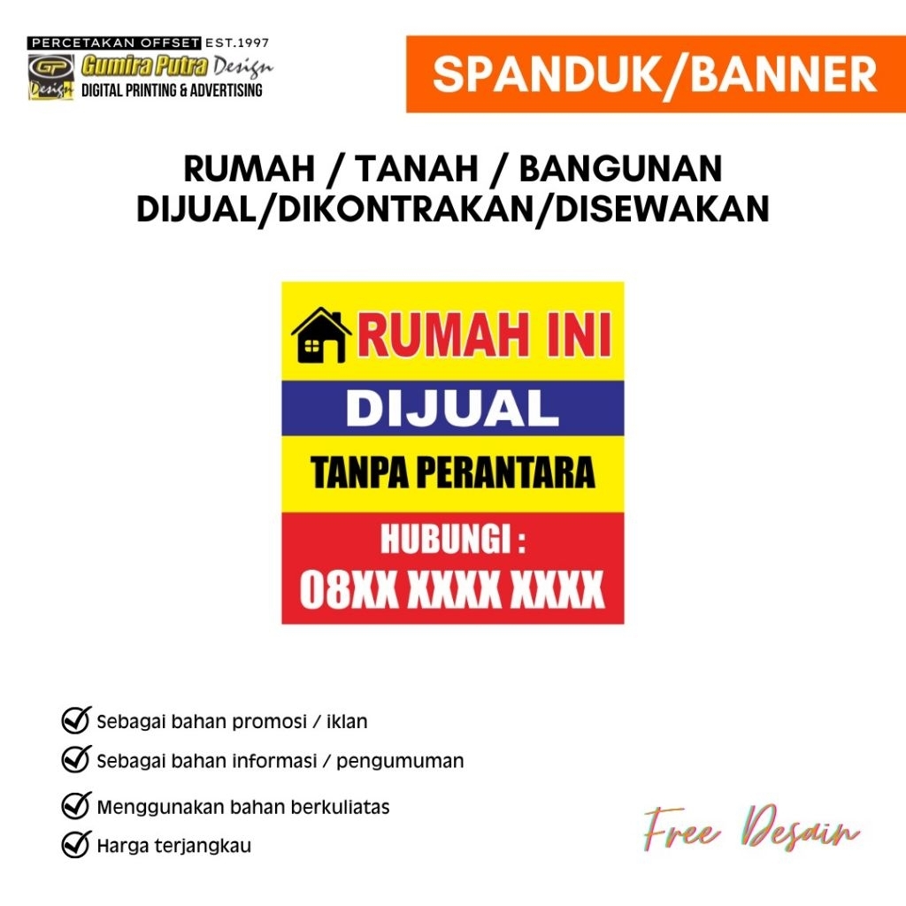 Banner Dijual/Dikontrakan/Disewaka- Banner Costum- Free Desain-Flexy Premium