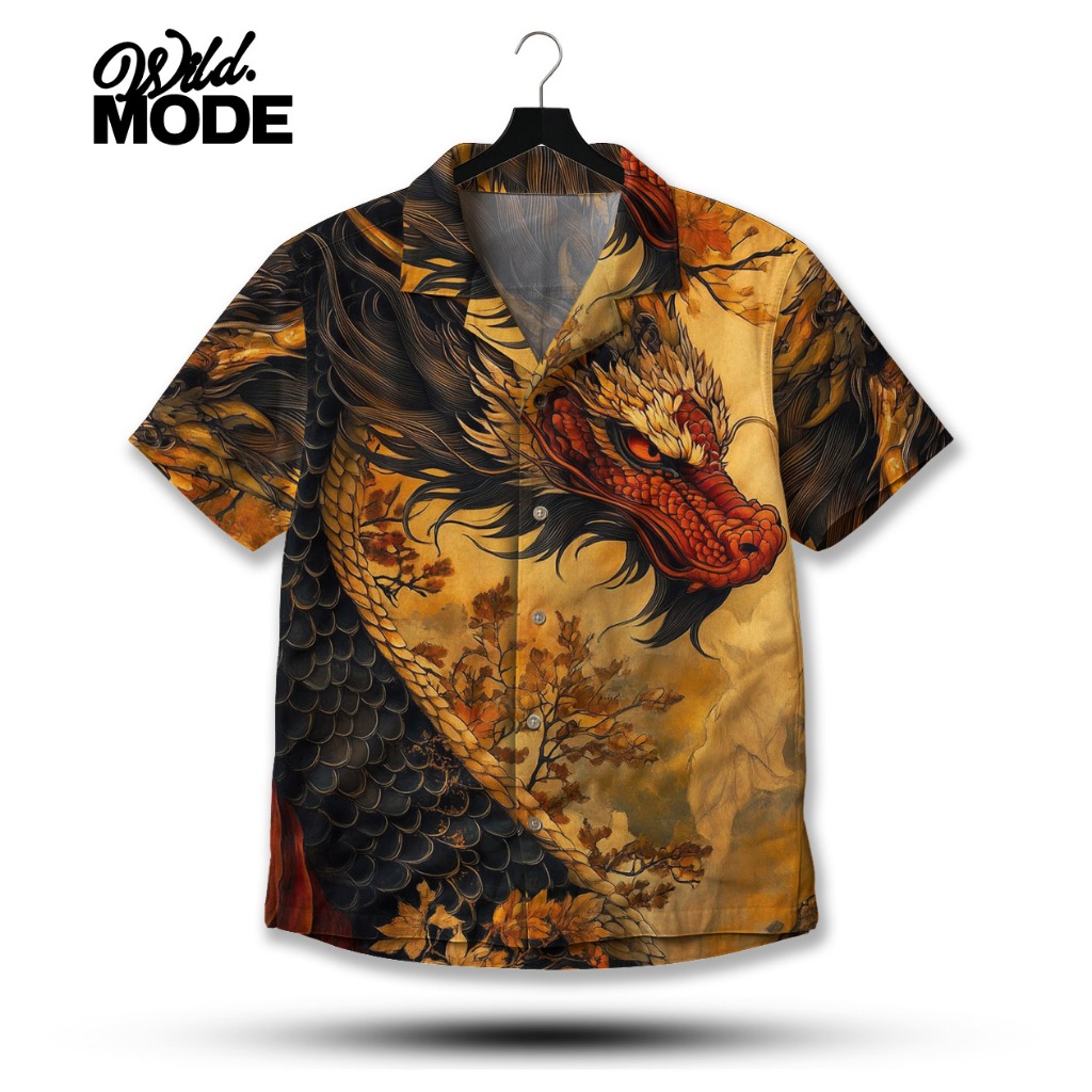 WILD Kemeja Full Print Ilustrasi Naga Hitam Merah Kuning – Desain Oriental Art Vintage | WD-670