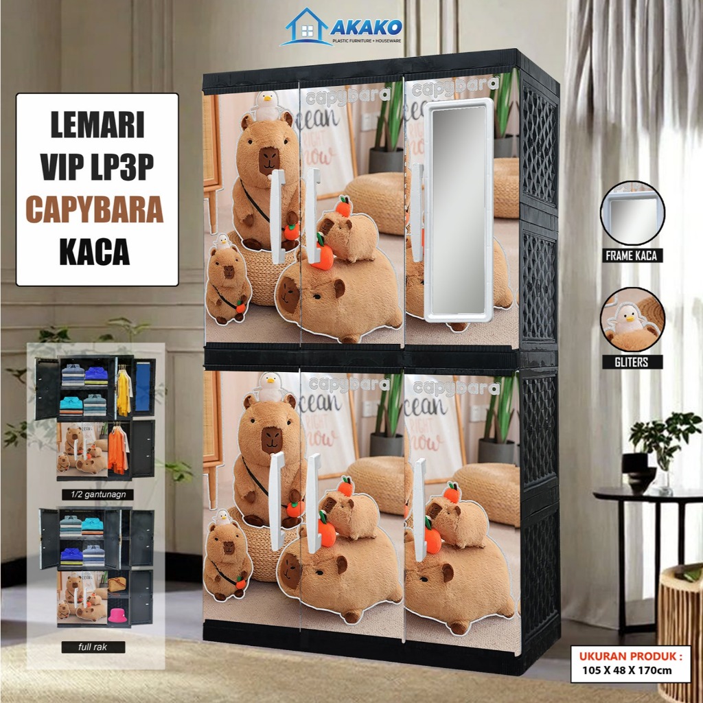 AKAKO - LEMARI PAKAIAN LEMARI PLASTIK 3 PINTU LEMARI MEGAJUMBO KACA MOTIF VIP  / Kode : LP3P VIP