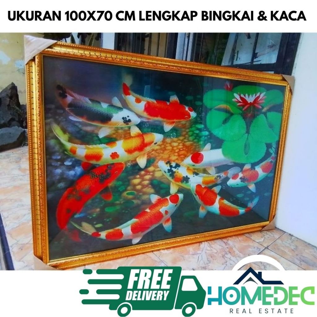 Hiasan dinding ikan koi jumbo lukisan koi 3D jumbo 100X70 CM