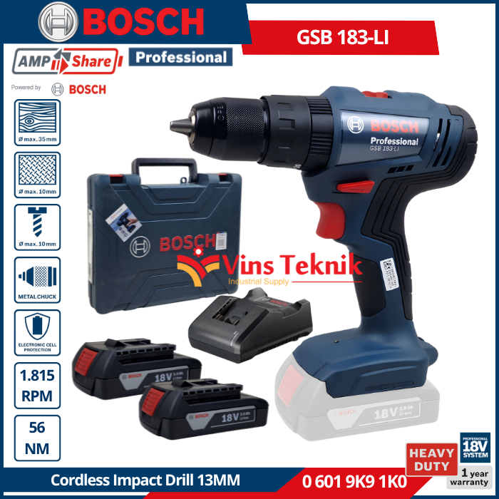 BOSCH GSB 183 LI Cordless Impact Drill 13MM Mesin Bor Tembok Baterai 18V GSB183-LI