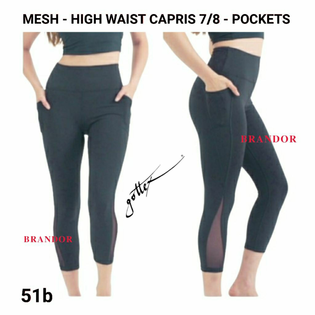 Brandor - MESH PANEL -  HIGH WAIST CAPRIS 7/8 - 2 SIDE POCKET - Gottex ( gtlg51 ) Gym Yoga Fitness R