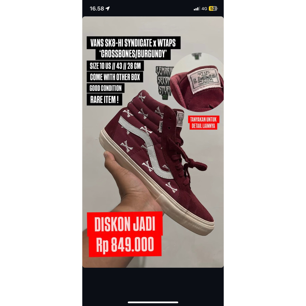 VANS SK8HI SYNDICATE x WTAPS BURGUNDY