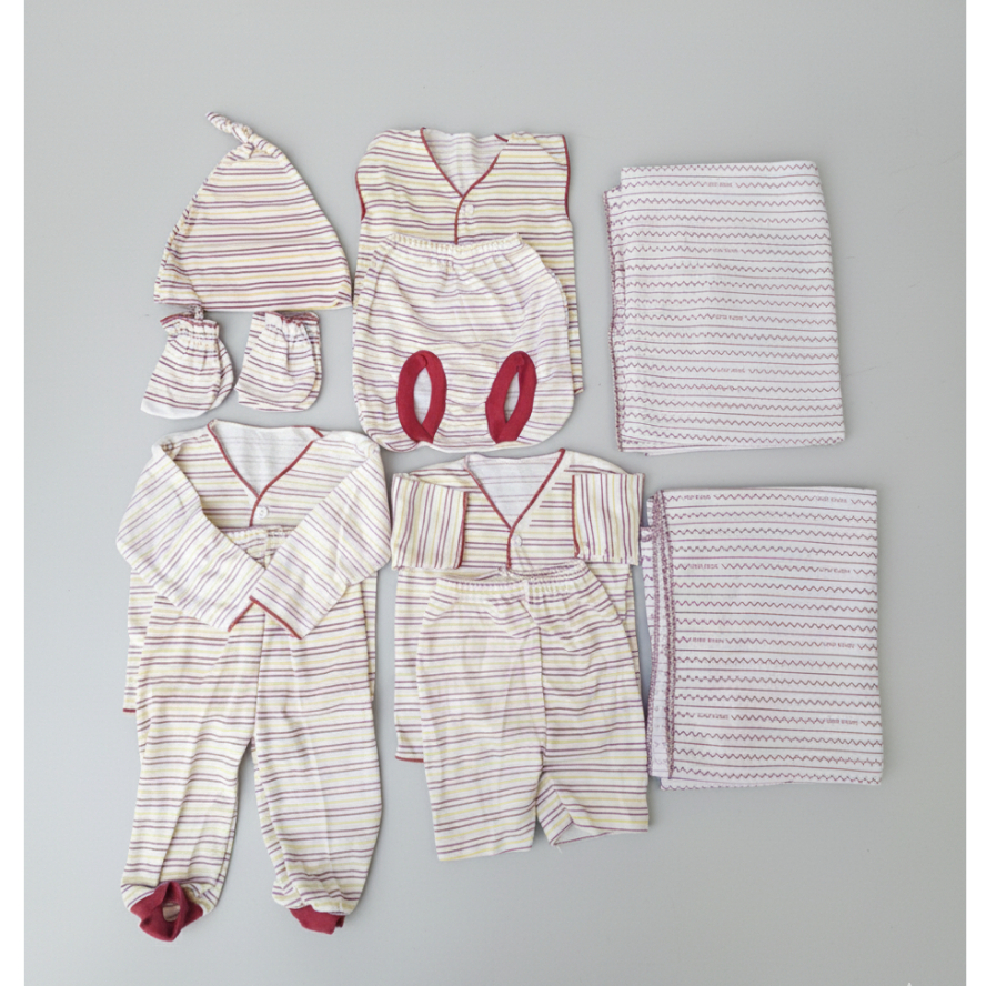 Preloved Set Baju Bayi Newborn lengkap Motif Salur Garis Merah Kuning, Beruang Awan dan Warna Merah 