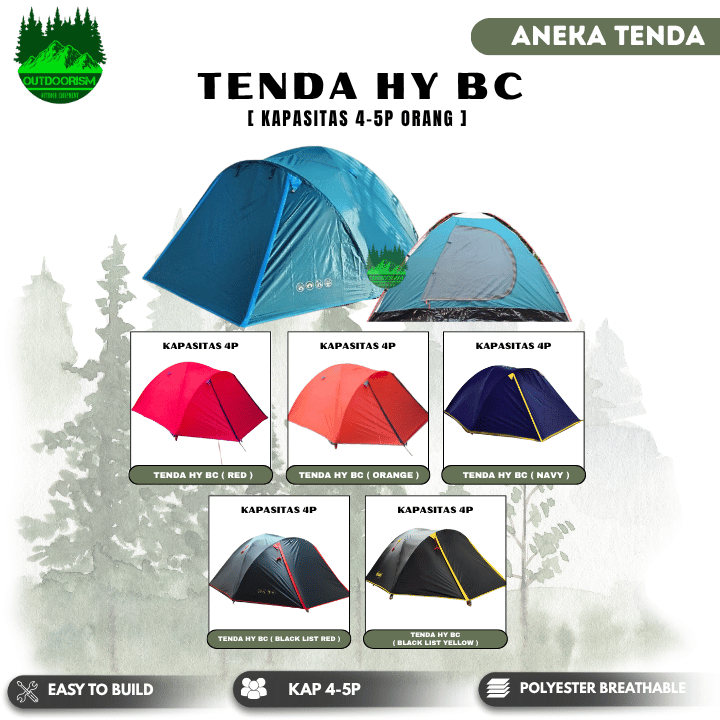 Tenda Camping Gunung Dome HY BC Waterproof Double Layer 4-5P Family Tent Outdoor Frame Fiber Kemping