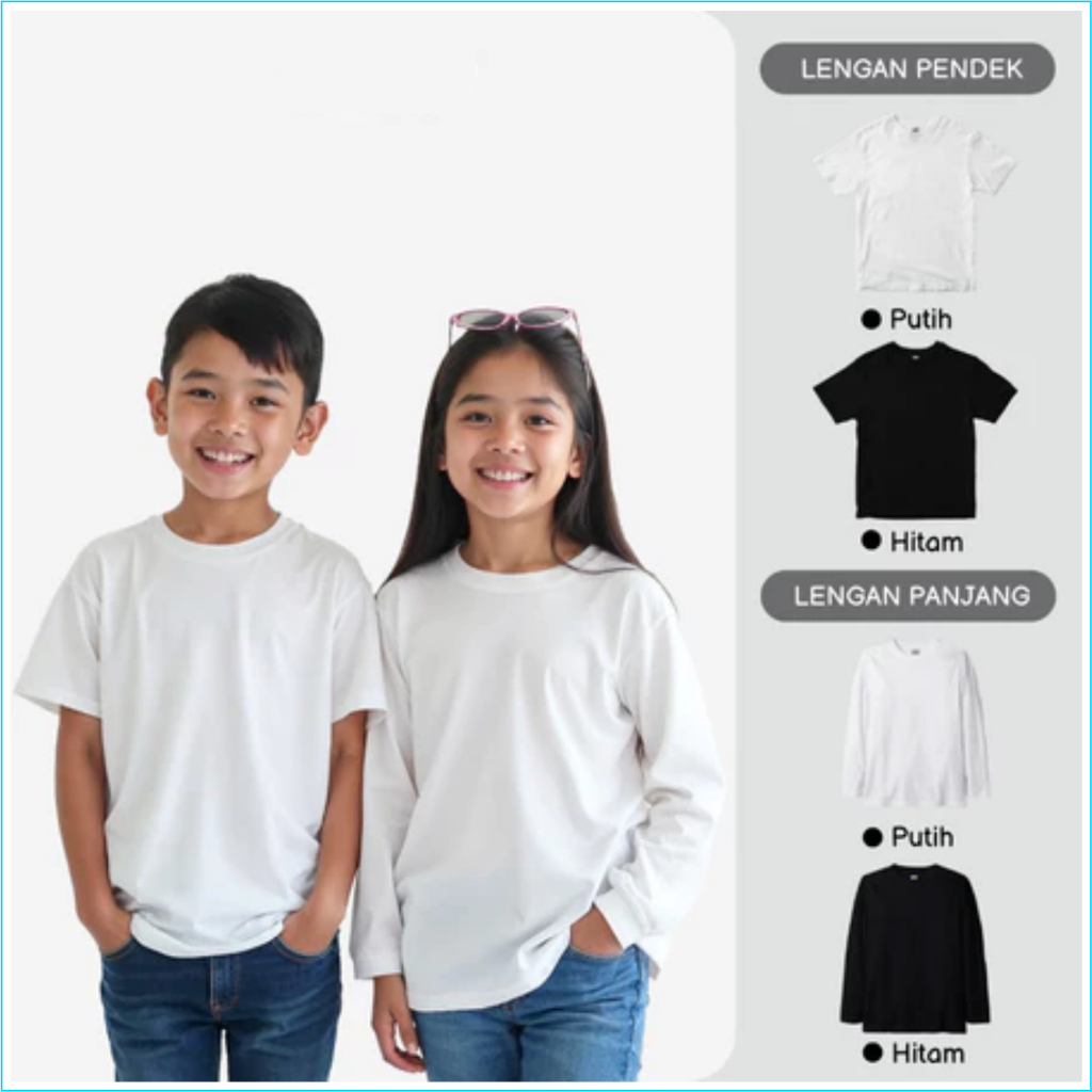 Kaos Polos Hitam Putih Tshirt Anak Laki-laki & Perempuan Lengan Panjang Pendek Katun Combed