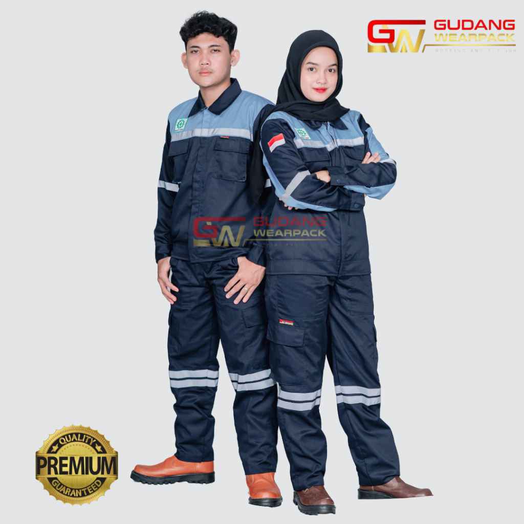 Wearpack Setelan Baju & Celana Seragam Kerja Proyek Lapangan Dongker Kombinasi Tosca