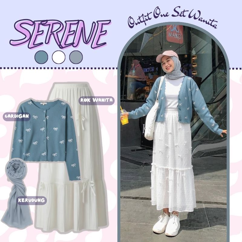 Baju Satu Set Wanita Korean Style ( Cardigan Waffle + Rok Ruffle + Hijab ) Outfit Remaja - 053