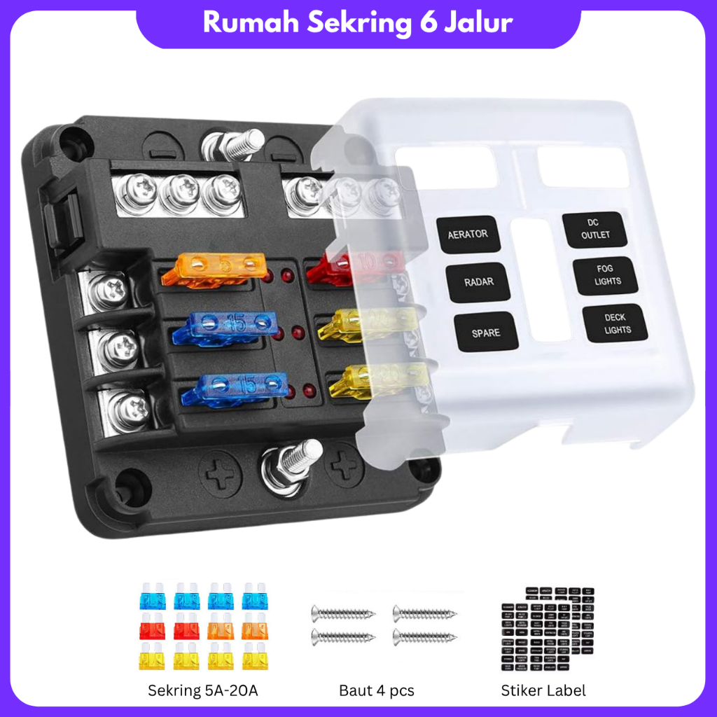 6 Way Blade Fuse Block Holder Sekring Box Dengan Indikator LED Fuse