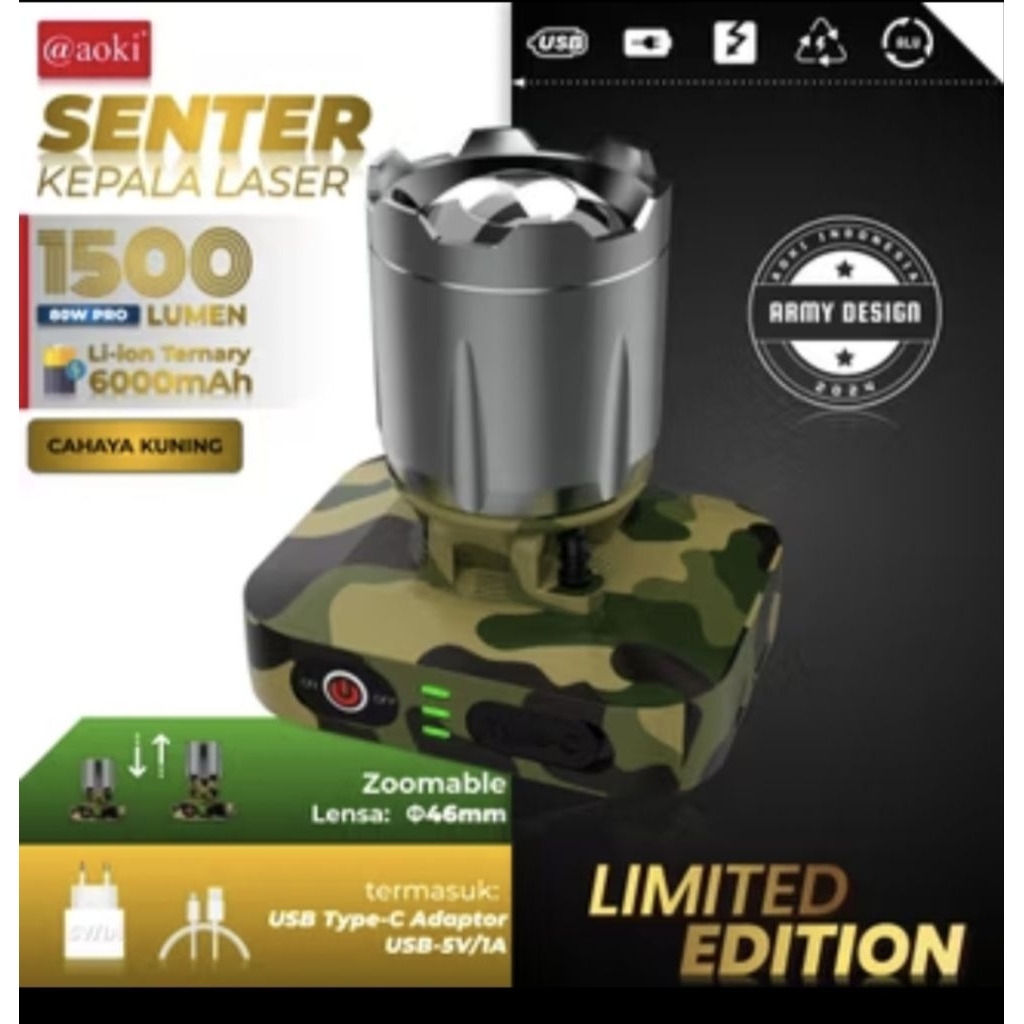 PROMO SENTER KEPALA  ZOOM LED ORIGINAL  AOKI AK 3651 A SINAR PUTIH