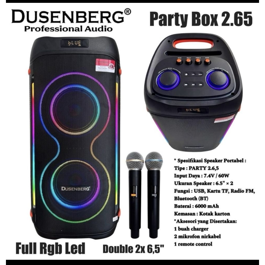 SPEAKER PORTABLE DUSENBERG PARTY BOX PARTY 2.65 SPEAKER 6 INCH PORTABLE SPEKER KARAOKE DUSENBERG BLU
