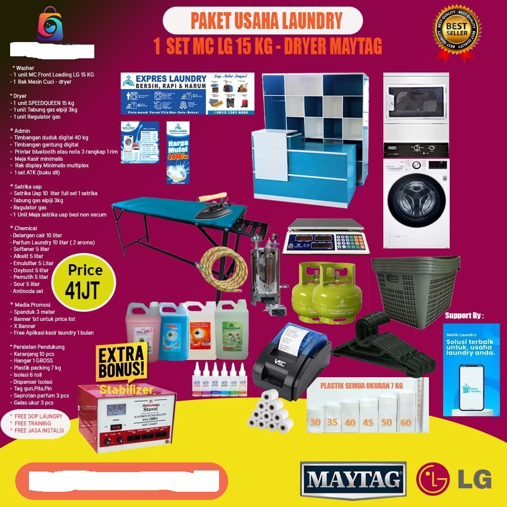 GETWASH - PAKET USAHA LAUNDRY KOMERSIL: LG 15 KG & DRYER MAYTAG