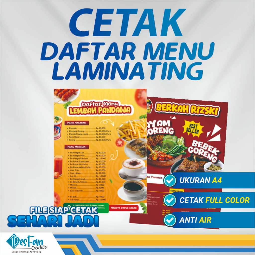 Daftar Menu A4 Kertas Tebal Anti Luntur Laminating | Menu Makanan / Minuman