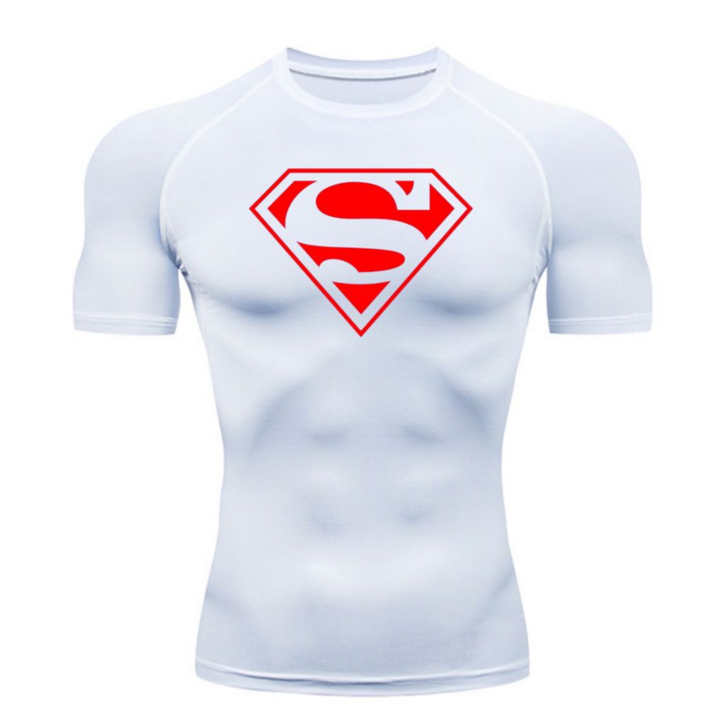 Kaos Olahraga Compression Superman Putih Gym Fitnes Baju Kompresi Pres Body Pria Wanita Trendy