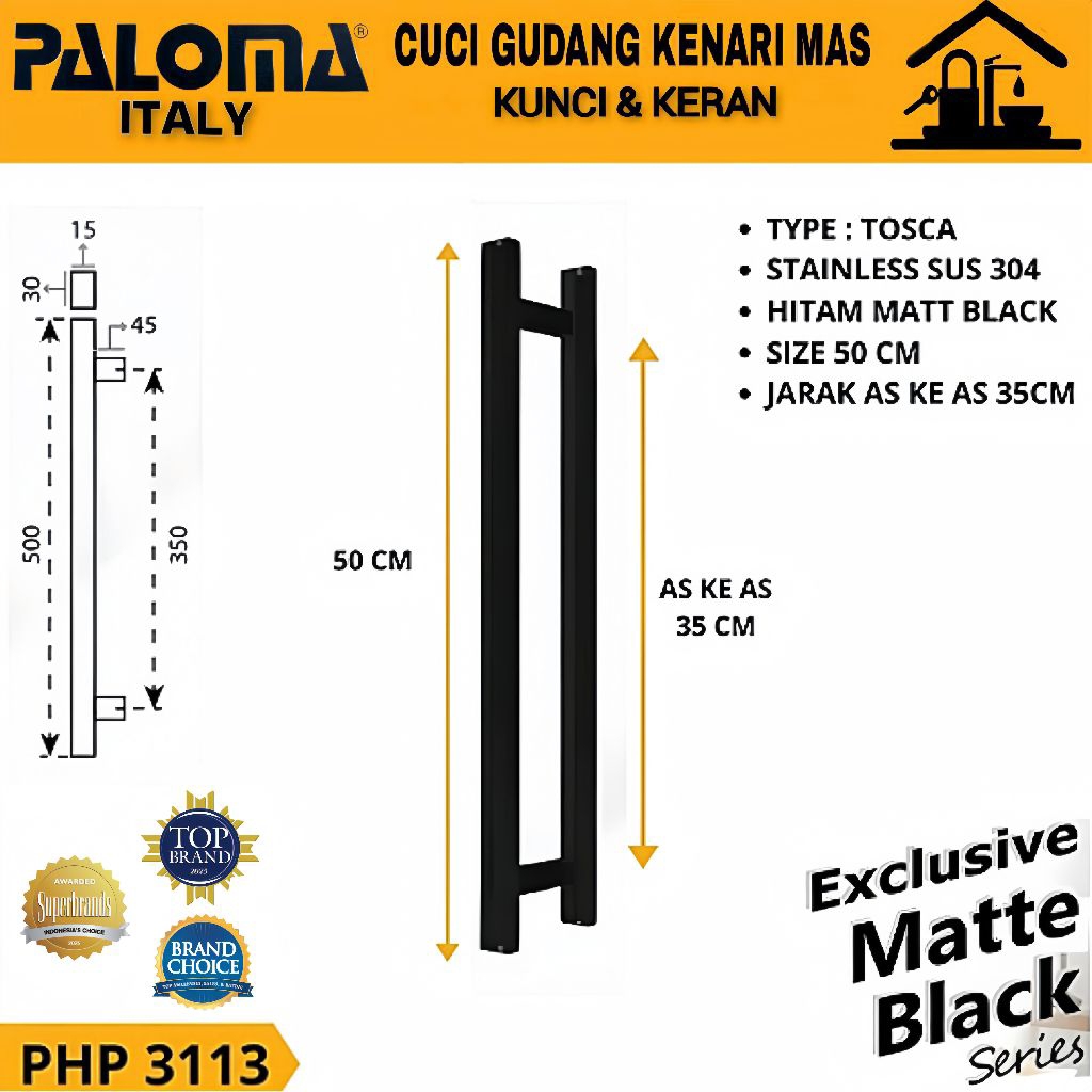 PALOMA PHP 3113 Gagang Tarikan Pintu Pull Handle Pintu 500mm 50cm Stainless Steel SUS 304 Hitam Matt