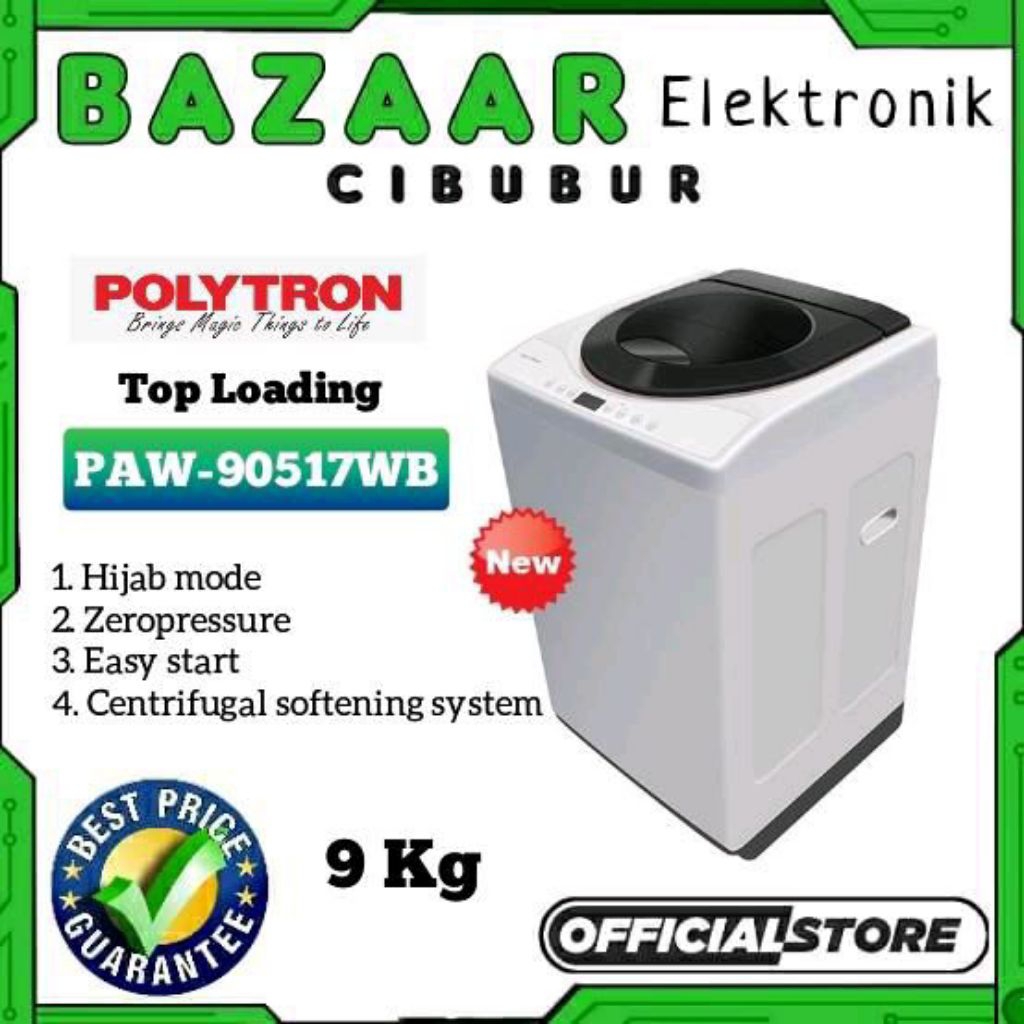 MESIN CUCI POLYTRON 1TABUNG PAW90517WB PAW 90517 WB TOP LOADING 9KG