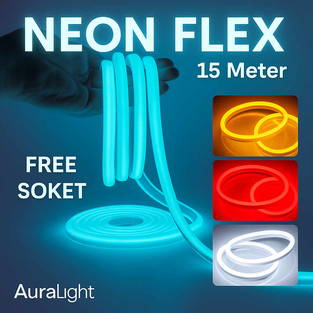 Lampu Led Neon Flex 15 Meter + Socket Hias Plafon Rumah Kamar Studio Konten Aesthetic Tempel Dinding