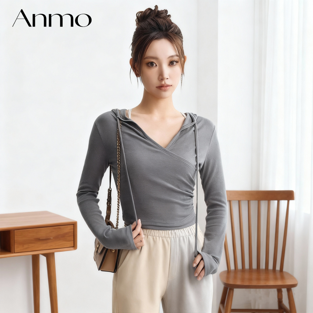 ANMO Baju Wanita Lengan Panjang V-Neck – Hoodie Modis, Cocok OOTD Sehari-Hari Lengan Panjang Trendy,