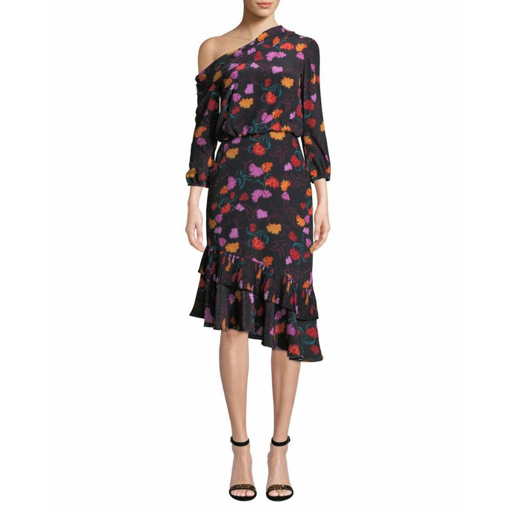Saloni Black Print Lexie Asymmetric Dress