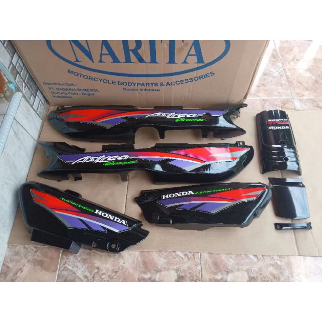 cover body honda astrea grand body set panel dan bok aki astrea grand sabit set striping merah ungu 