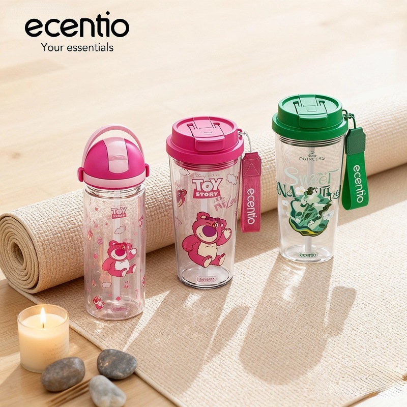 ecentio Botol minum anak perempuan pink Disney Lotso Botol plastik lucu BPA Free Botol Sekolah Estet