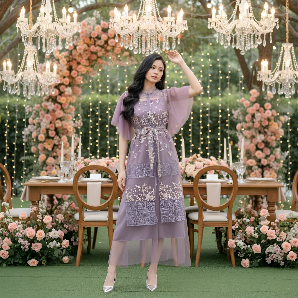 Nicole Long Dress Midi Pesta Mewah Velvet Brokat Burgundy Dress Natal Korea Style Gaun Wisuda