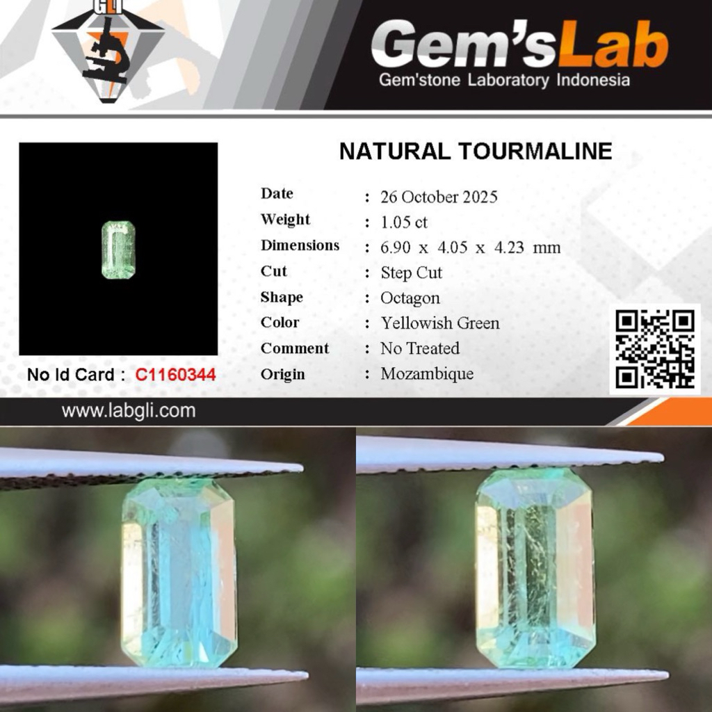 1,05 cts Natural Mint Green Tourmaline origin Mozambique No Treatment Memo GLI