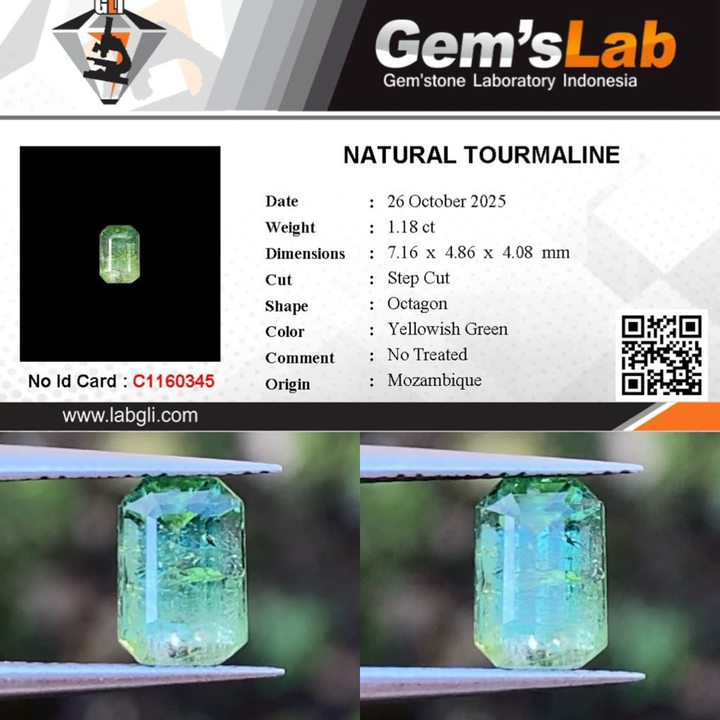 1,18 cts Natural Mint Green Tourmaline origin Mozambique No Treatment Memo GLI