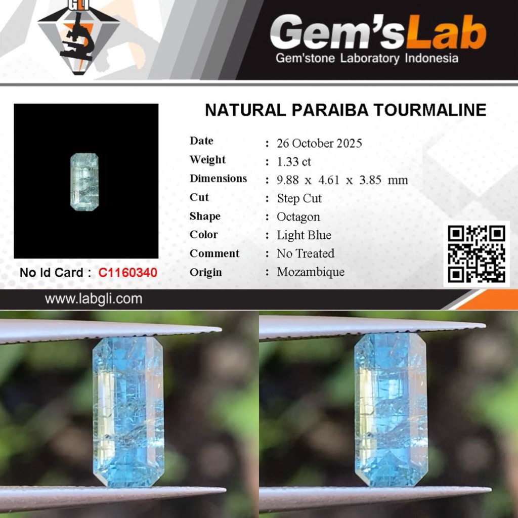 1,33 cts Natural Paraiba Tourmaline origin Mozambique No Treatment Memo GLI