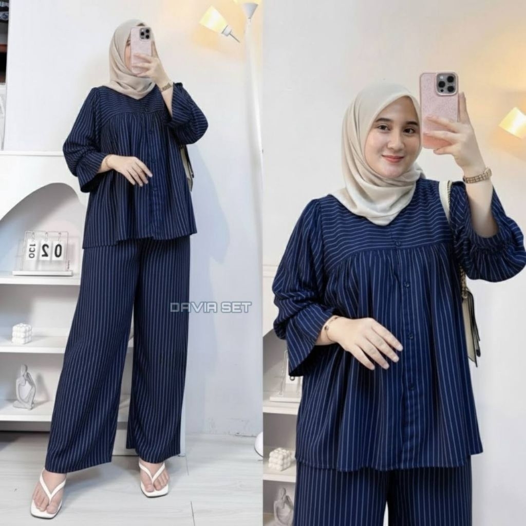 one set wanita panjang  adem Davia set baju set celana baju motif salur kodian one set salur