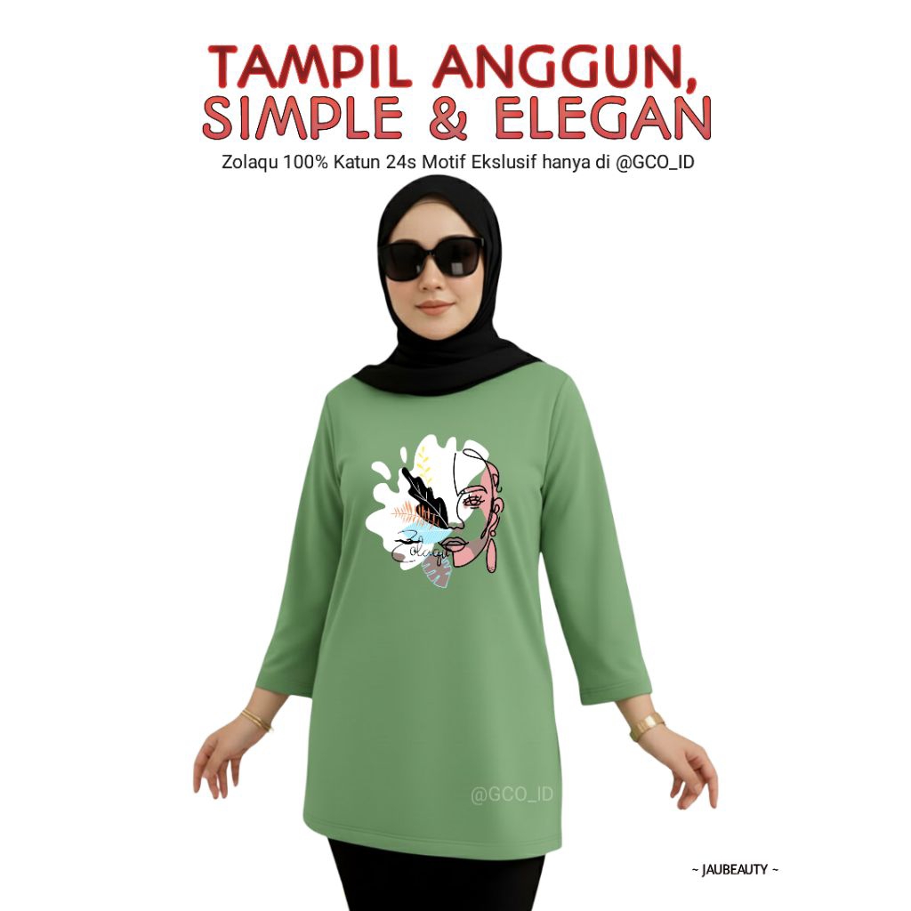 Kaos Semitunik Zolaqu Original Terbaru 2025 Hijau Sage | Oversize ZLQ Tunik Motif Beauty Lengan Panj