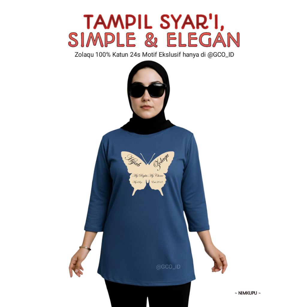 Semitunik Zolaqu Original Wanita Terbaru | Kaos Oversize Biru Denim Motif Kupu Kekinian 2025 Lengan 